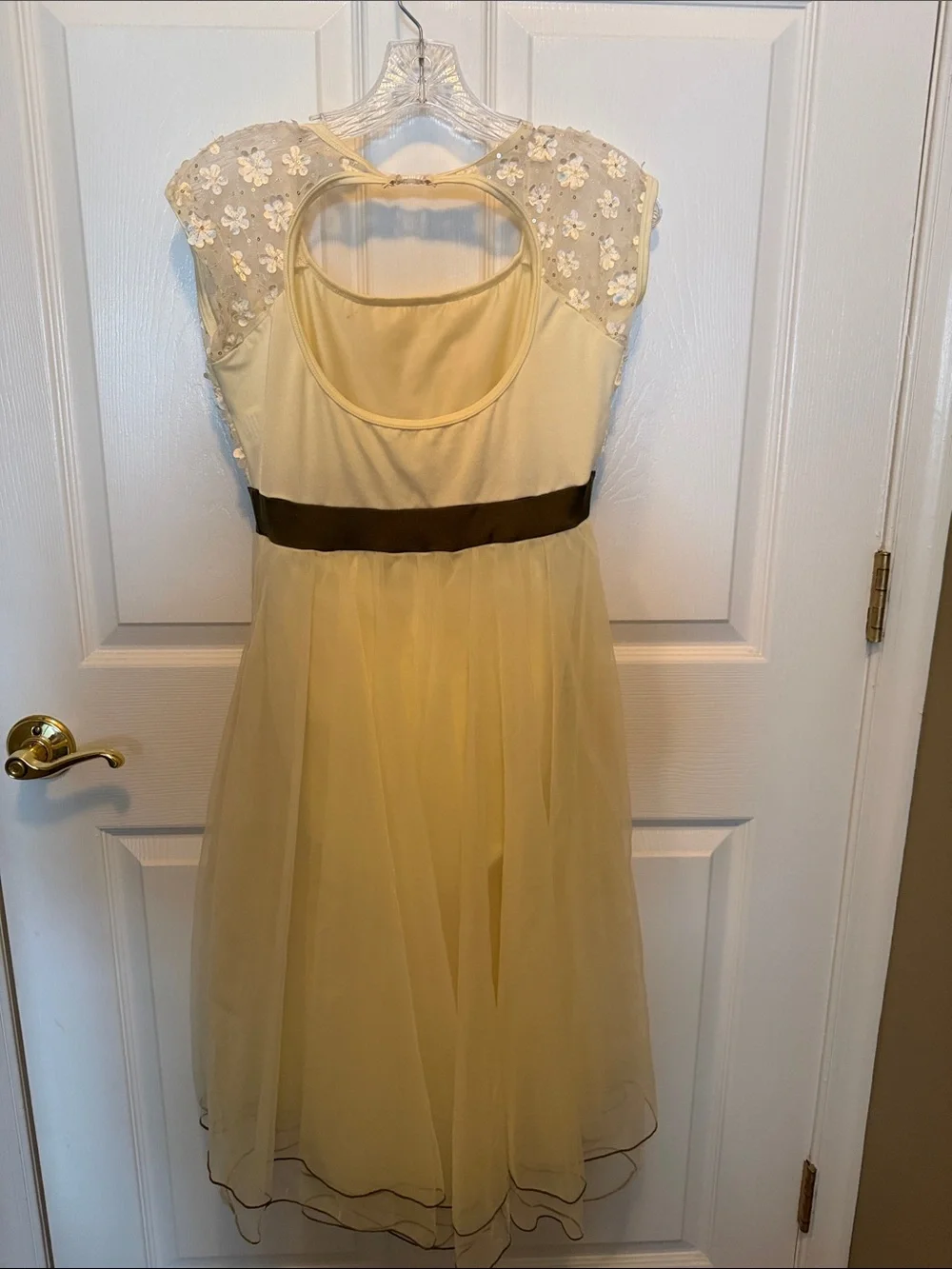 Cream Floral Lace Chiffon Girls Dress with Pink Flower Accent